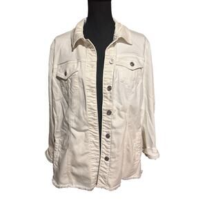 Chico’s White Denim Jacket Women’s XL Frayed Raw Hem Button Front Classic Fit